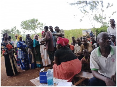 A group of women queue up for their first vaccination.